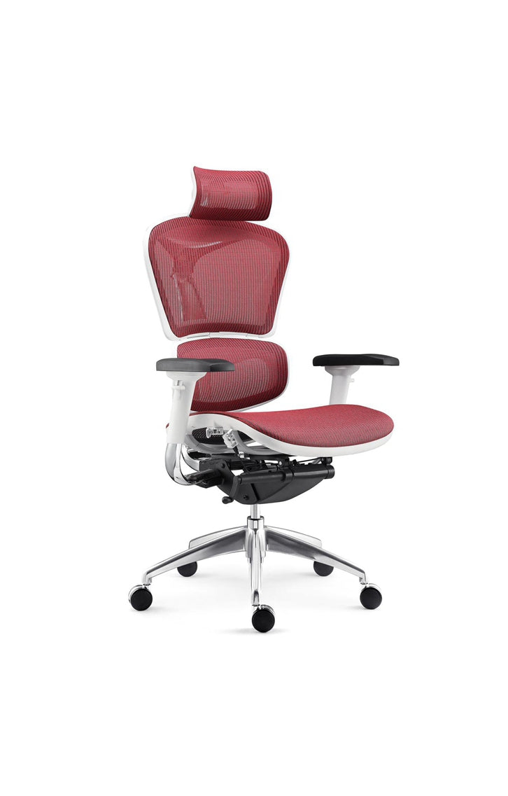 BSJ-Hero Chair 紅色人體工學網椅 (Ergonomic Mesh Chair),配備可調校頭枕和腰托,為長時間工作者提供卓越的舒適感與脊椎承托。