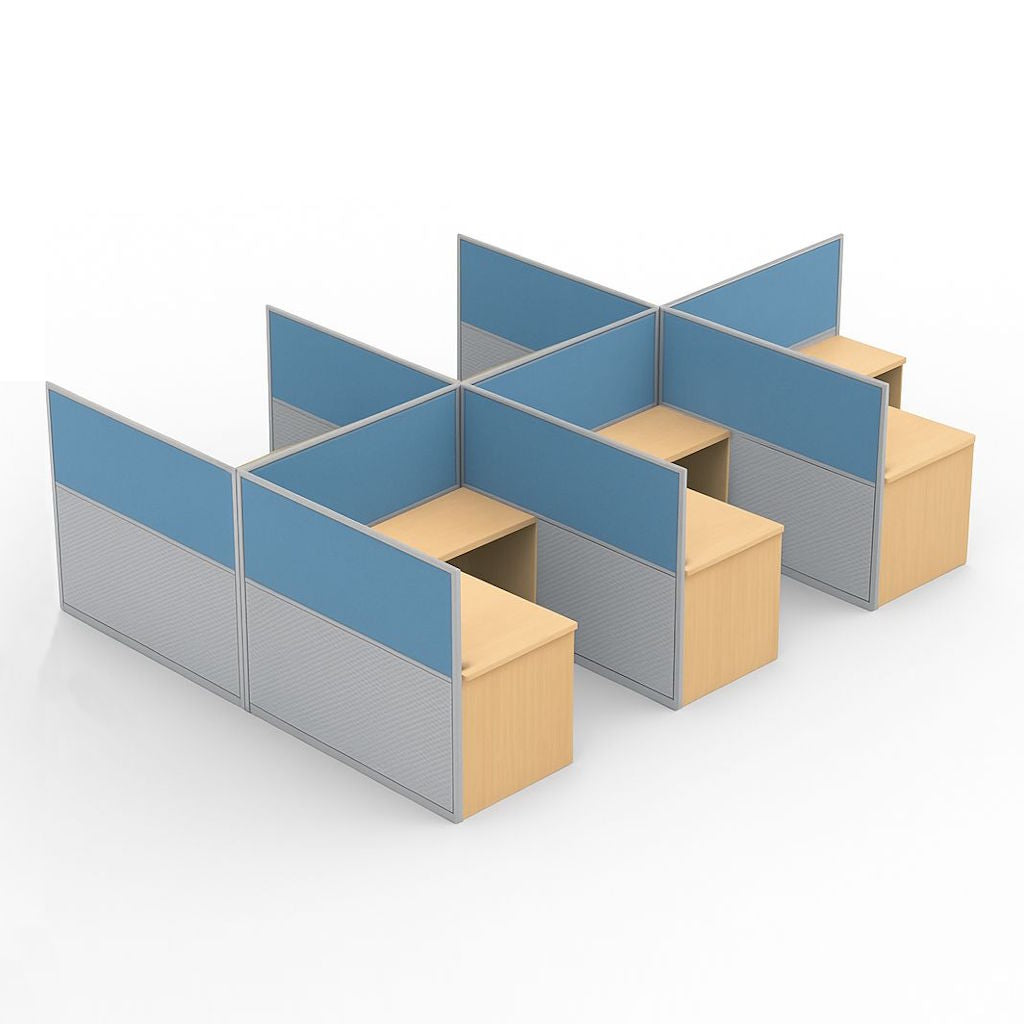 一套可容納六人的十字型佈局辦公卡位,以藍色及灰色屏風分隔,配以木紋色桌面。