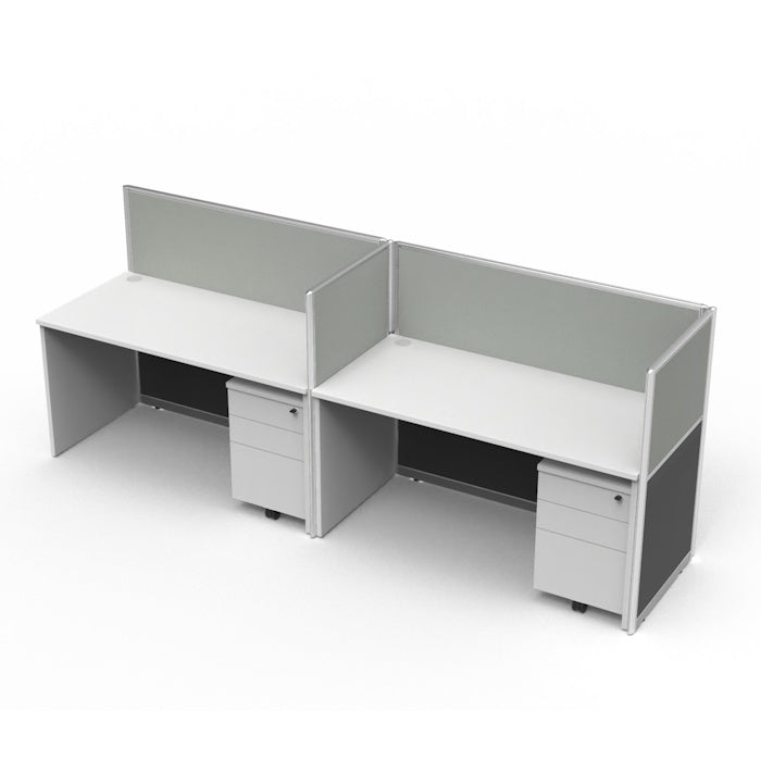 兩人並排式辦公桌,配有桌面屏風及活動文件櫃。