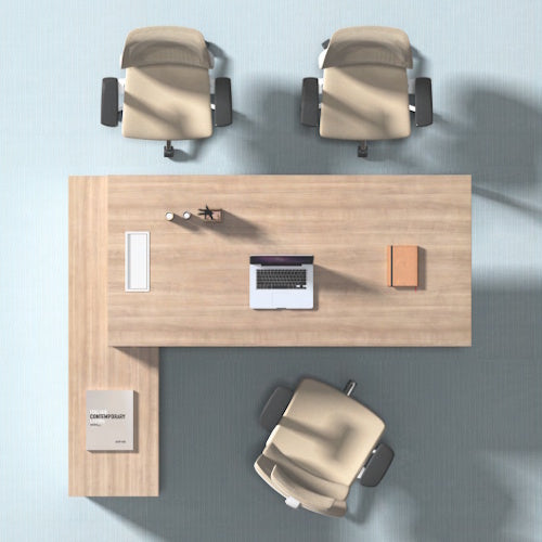 一套現代風格的L形大班枱 (Executive L-shaped Desk),淺木紋設計,提供寬敞的工作及會客空間,是經理或行政人員辦公室的理想之選。